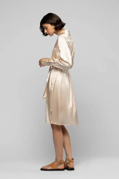 RAESA SILK SHIRT DRESS WITH LEATHER DETAIL - BEIGE