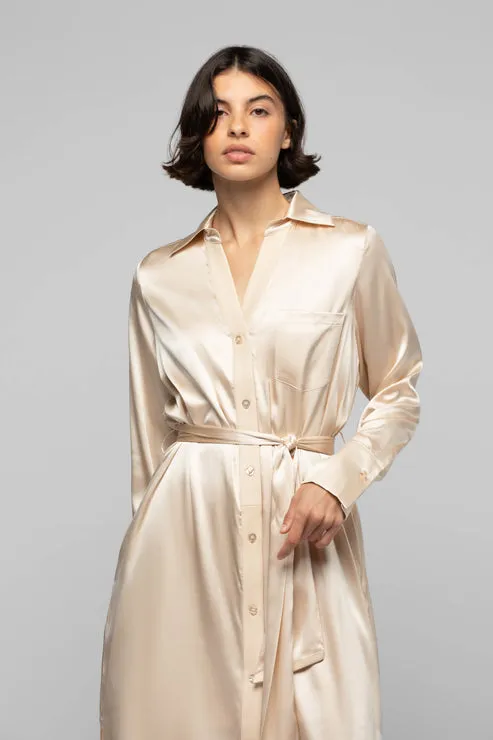 RAESA SILK SHIRT DRESS WITH LEATHER DETAIL - BEIGE