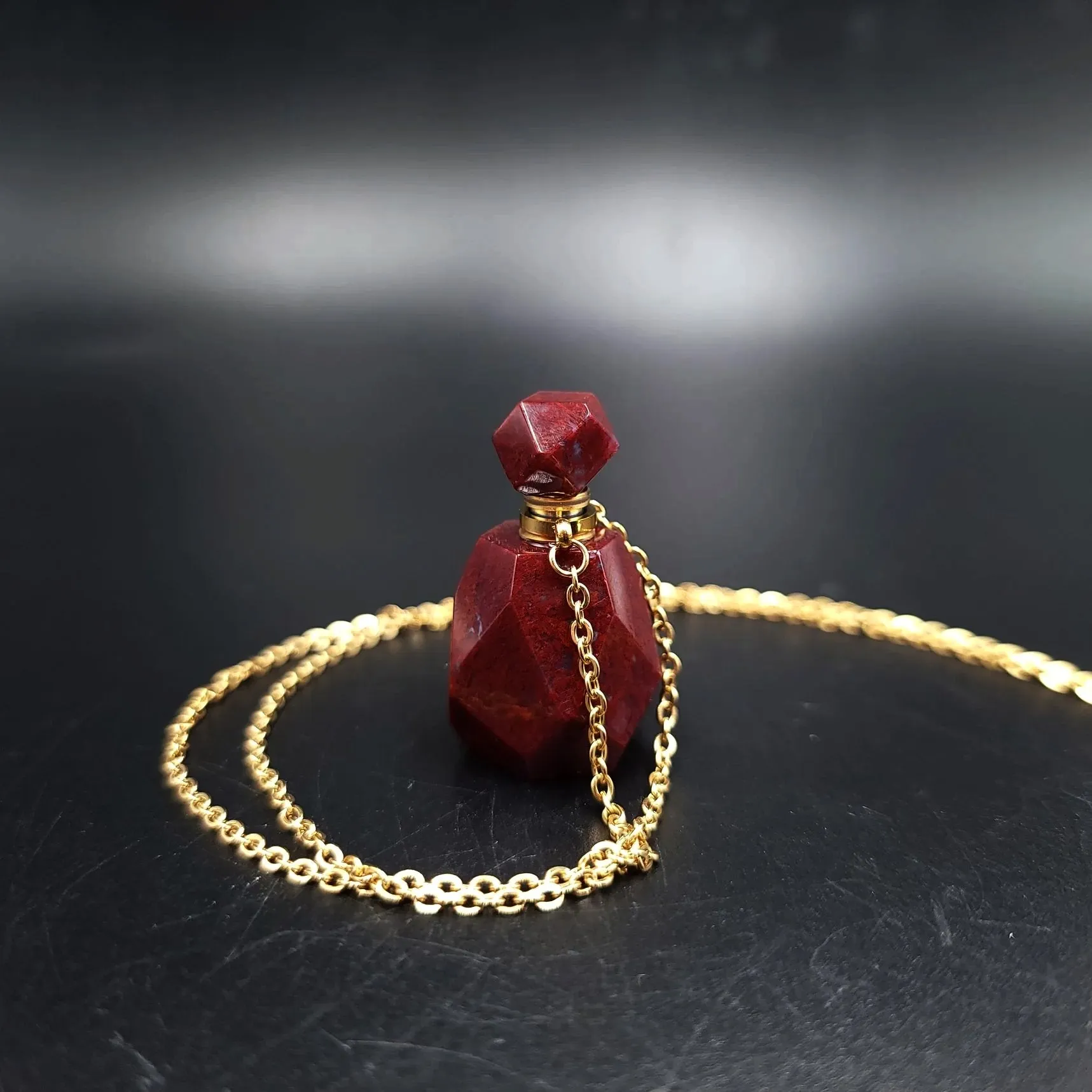 Red Jasper Bottle Pendant Necklace Sacred Geometry Holder Perfume Oils Incense Ashes