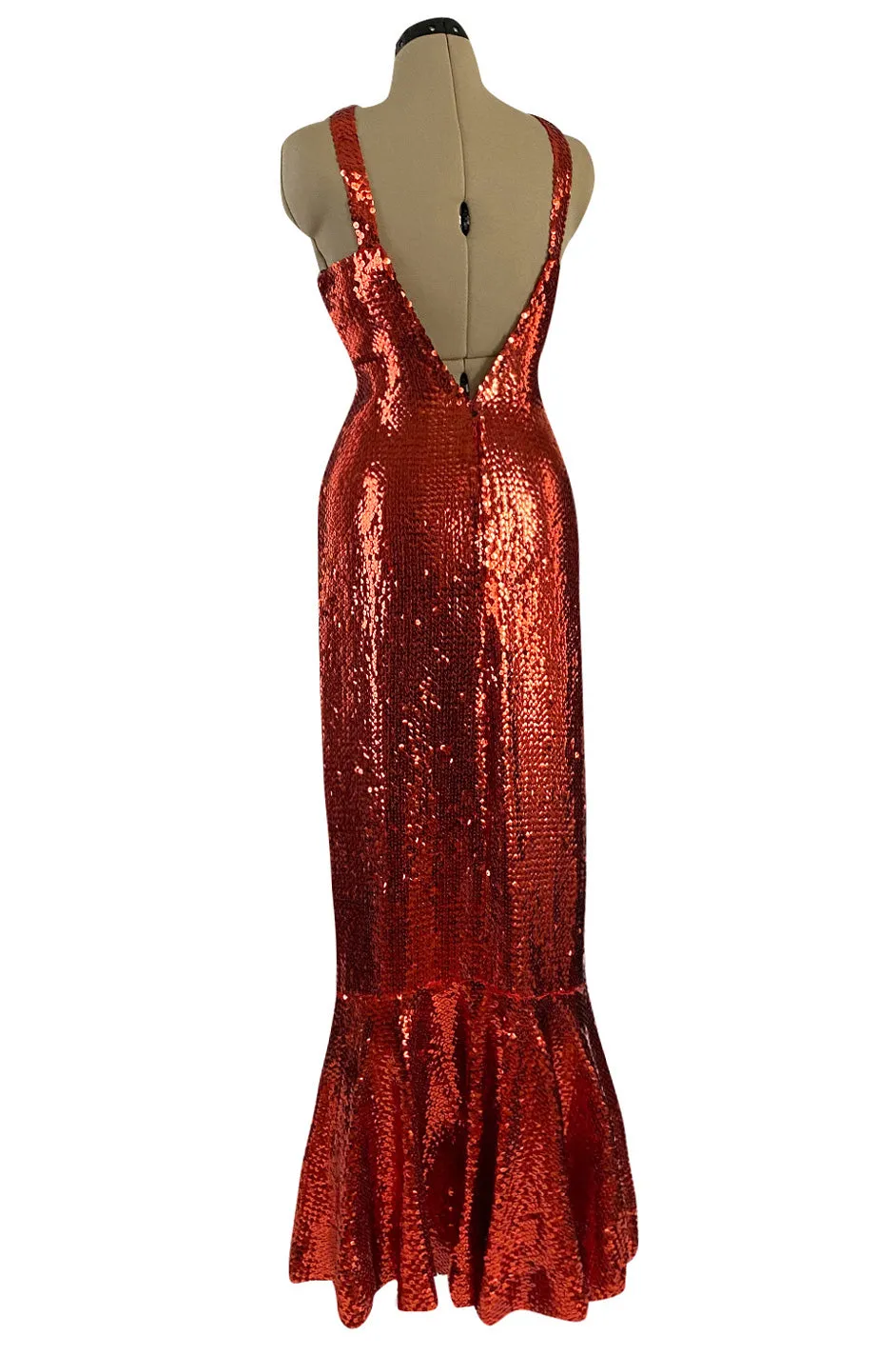 Remarkable Spring 1976 Pierre Cardin Couture Red Sequin Halter Dress w Low Full Skirt Hem