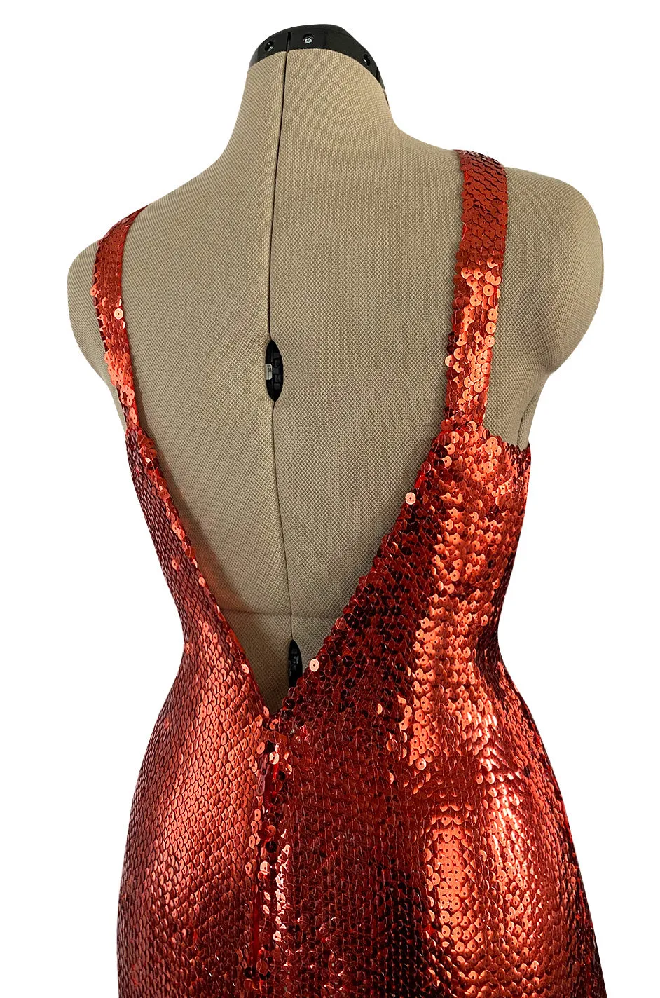 Remarkable Spring 1976 Pierre Cardin Couture Red Sequin Halter Dress w Low Full Skirt Hem
