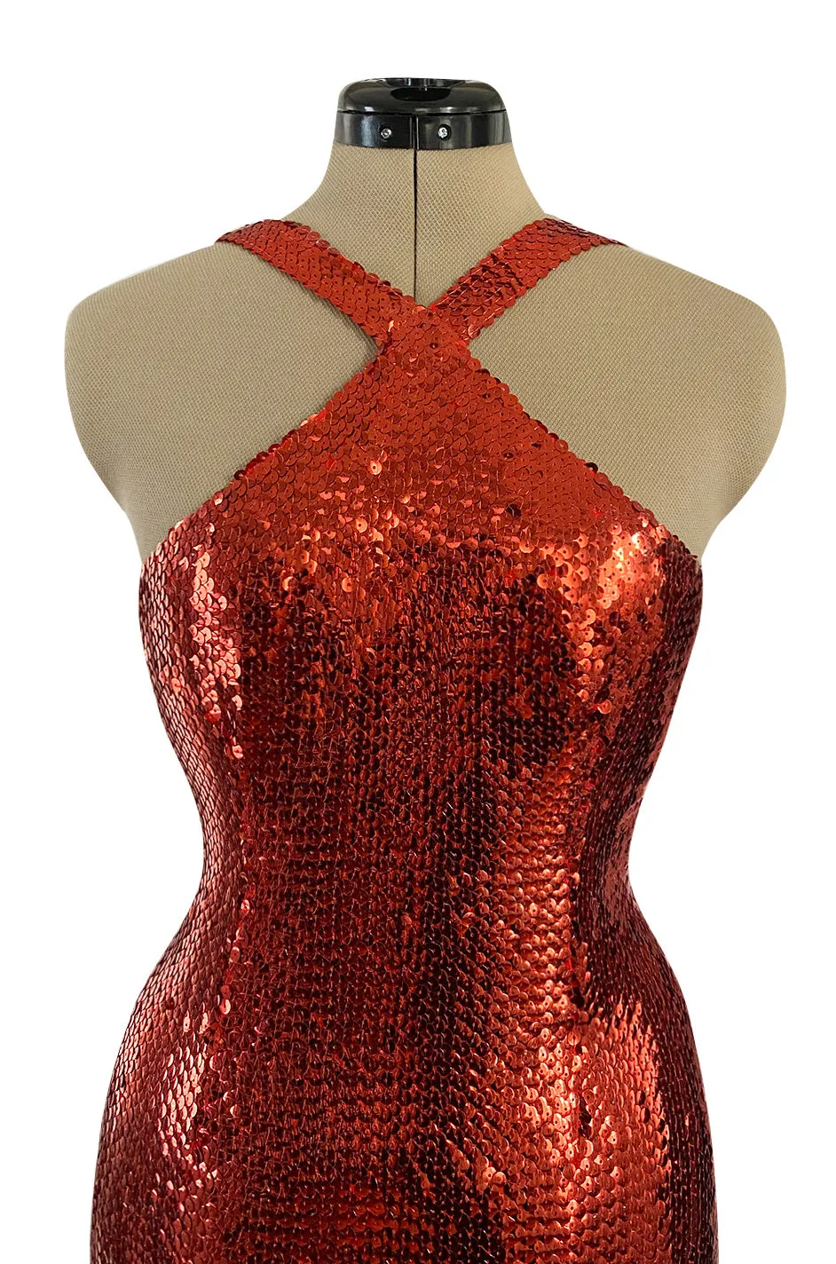 Remarkable Spring 1976 Pierre Cardin Couture Red Sequin Halter Dress w Low Full Skirt Hem
