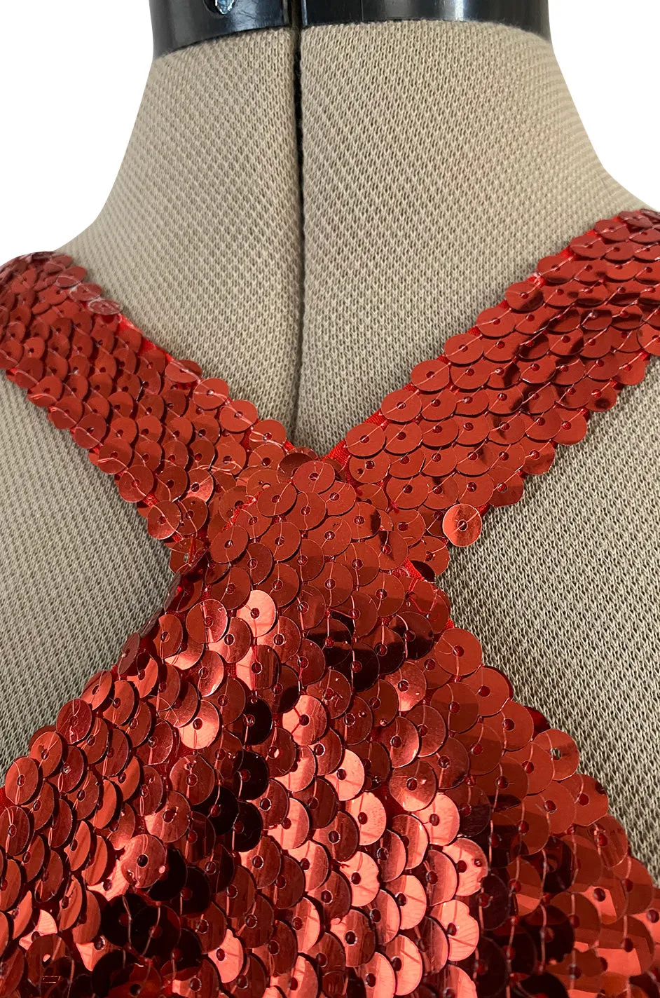 Remarkable Spring 1976 Pierre Cardin Couture Red Sequin Halter Dress w Low Full Skirt Hem
