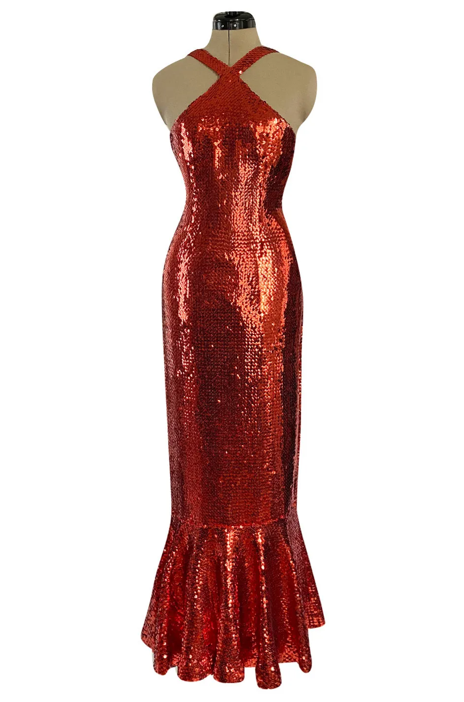 Remarkable Spring 1976 Pierre Cardin Couture Red Sequin Halter Dress w Low Full Skirt Hem