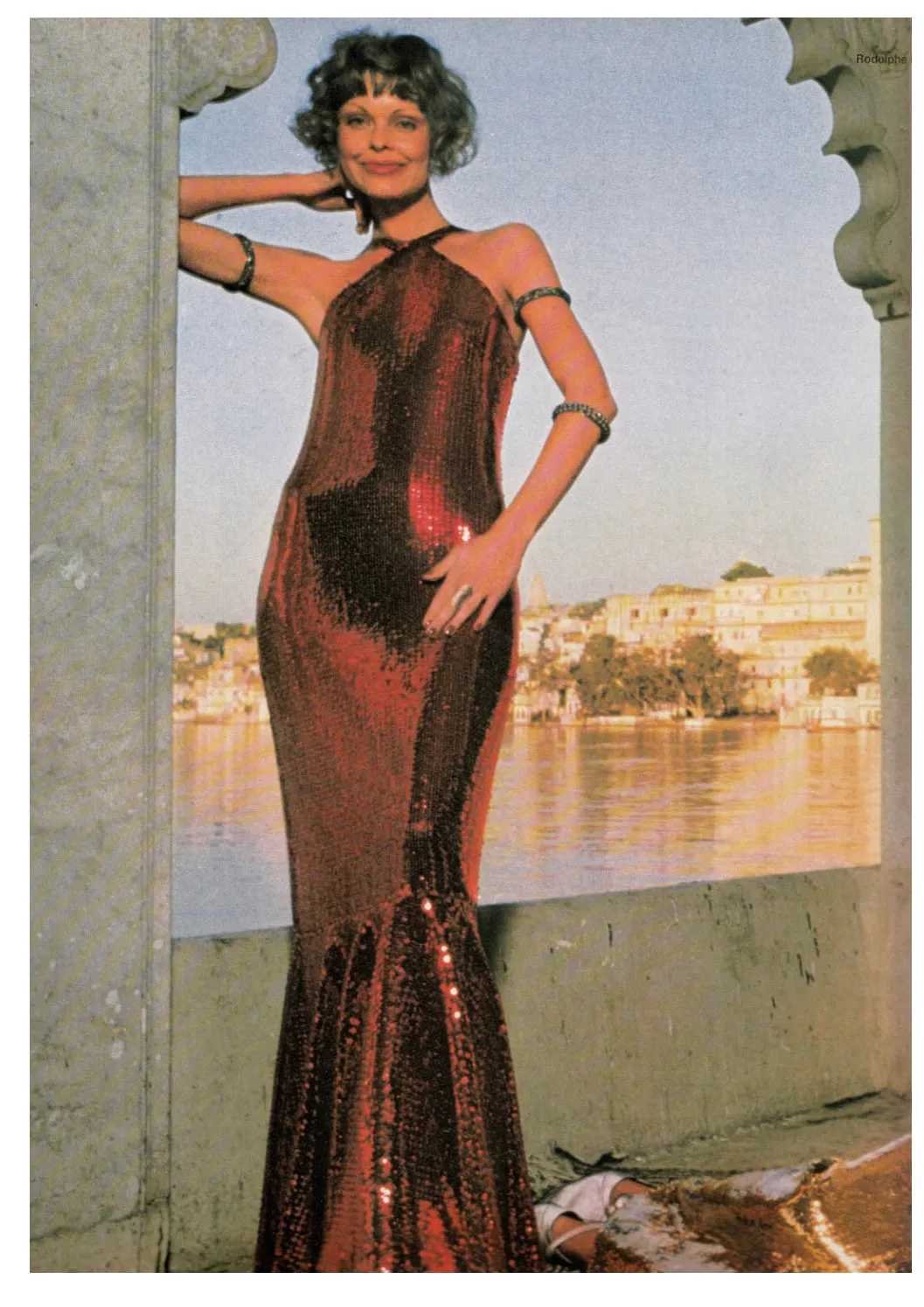 Remarkable Spring 1976 Pierre Cardin Couture Red Sequin Halter Dress w Low Full Skirt Hem