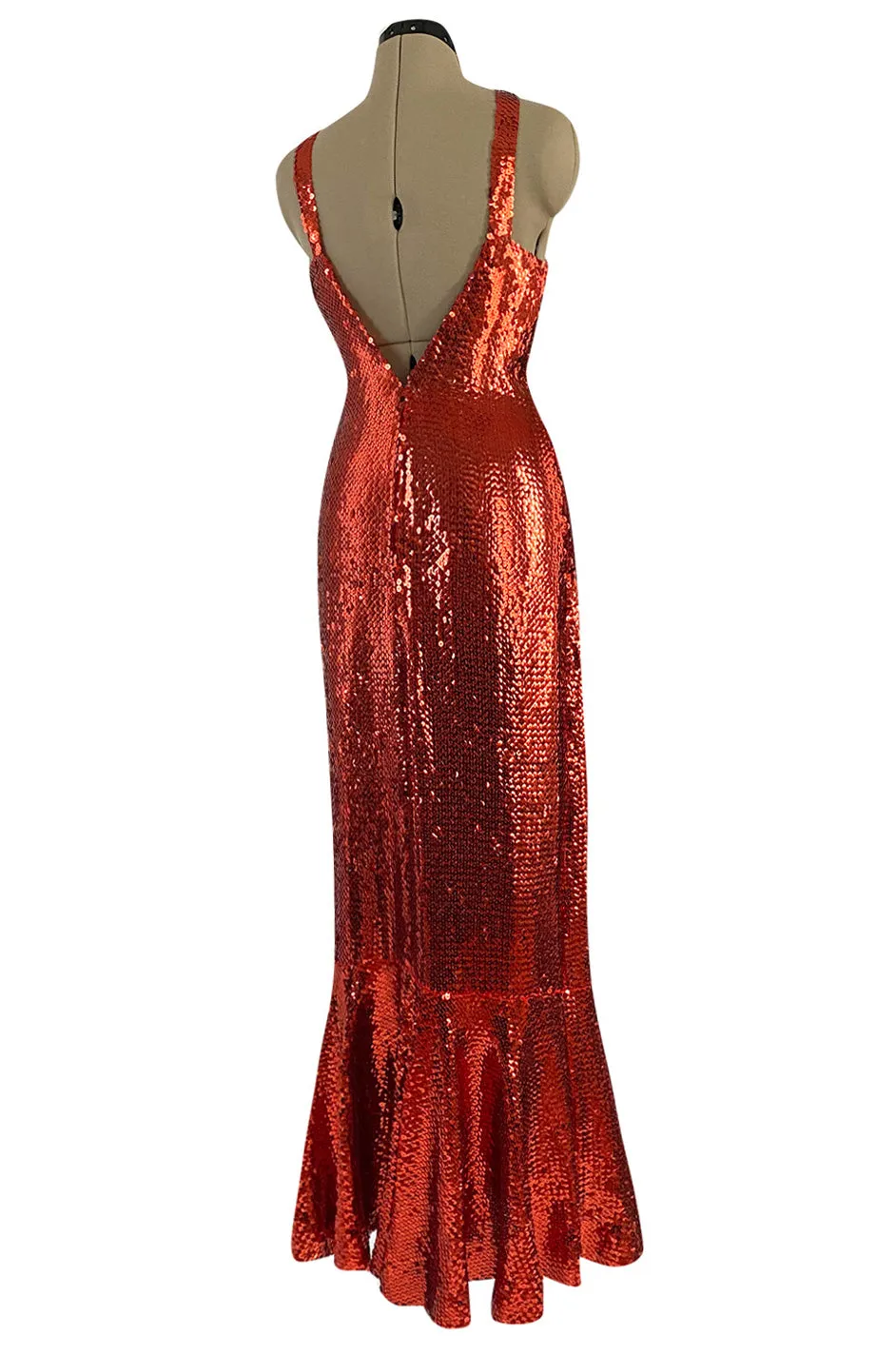 Remarkable Spring 1976 Pierre Cardin Couture Red Sequin Halter Dress w Low Full Skirt Hem