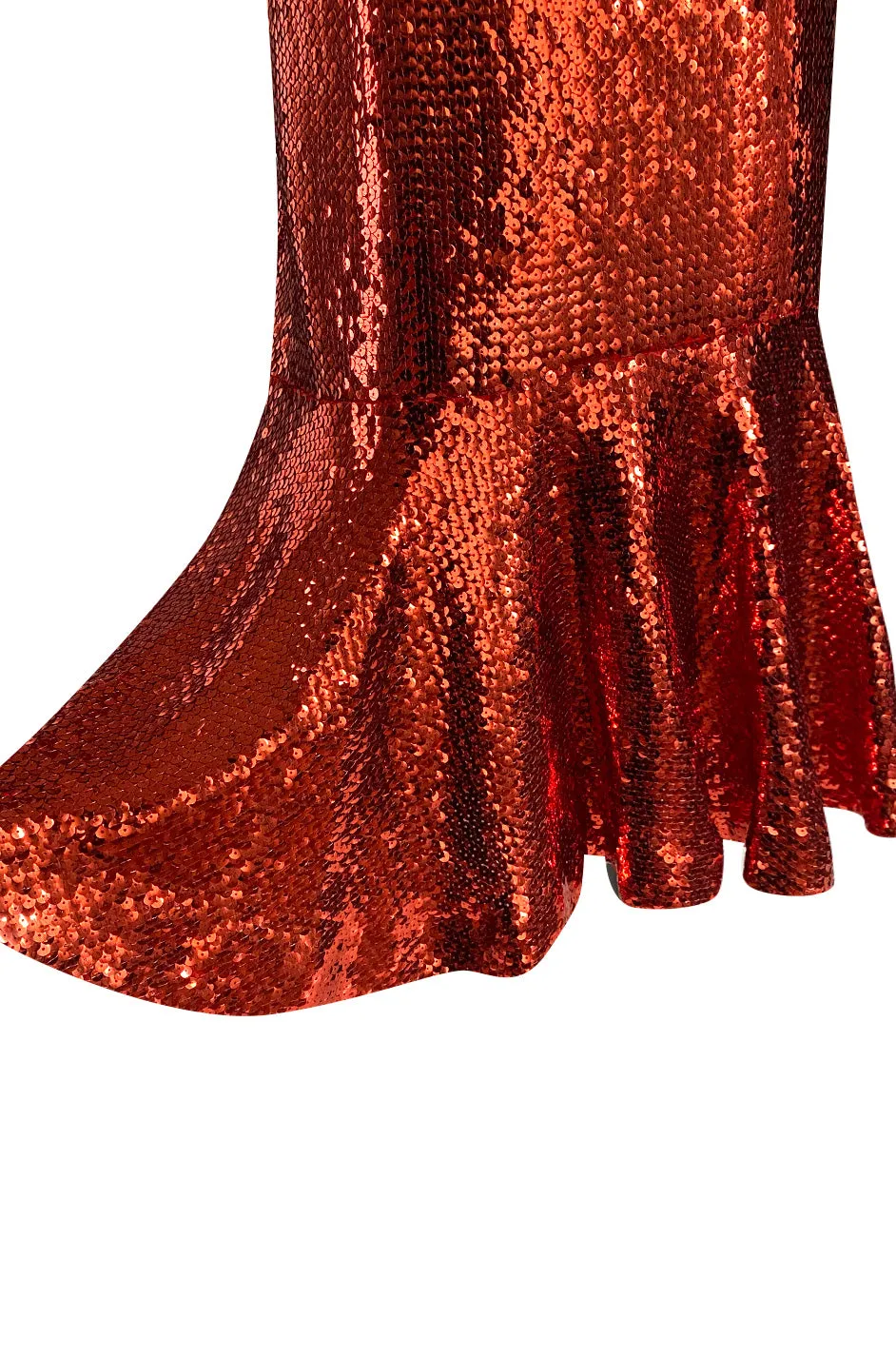 Remarkable Spring 1976 Pierre Cardin Couture Red Sequin Halter Dress w Low Full Skirt Hem