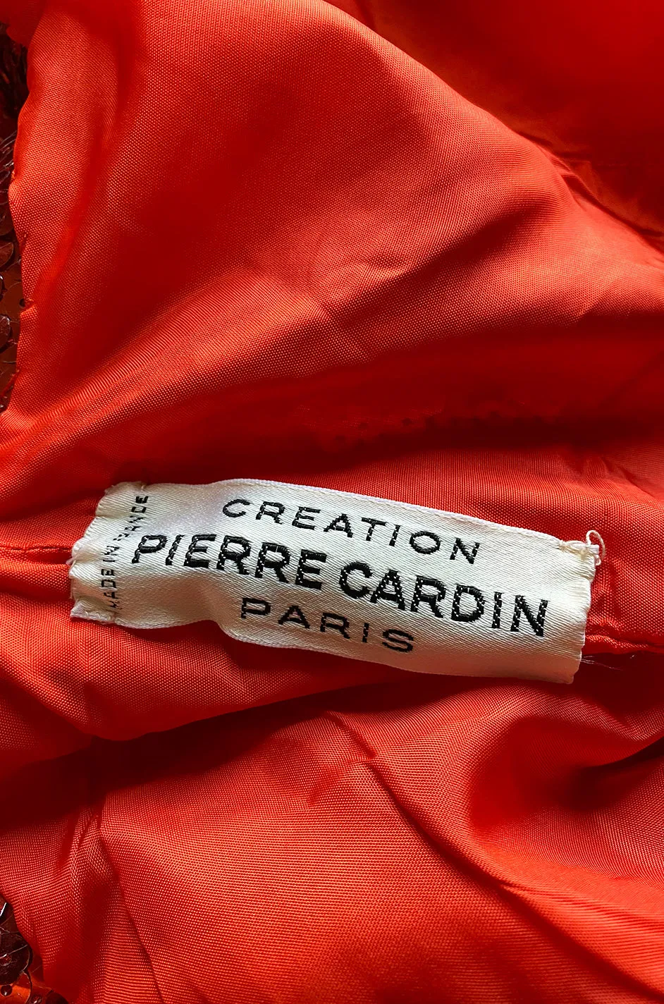 Remarkable Spring 1976 Pierre Cardin Couture Red Sequin Halter Dress w Low Full Skirt Hem