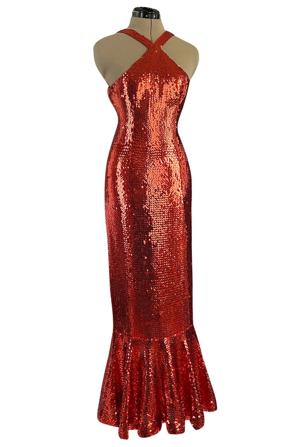 Remarkable Spring 1976 Pierre Cardin Couture Red Sequin Halter Dress w Low Full Skirt Hem