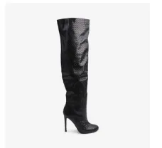 RONNIE Black Faux Leather Thigh High Boot - Half Zipper Closure