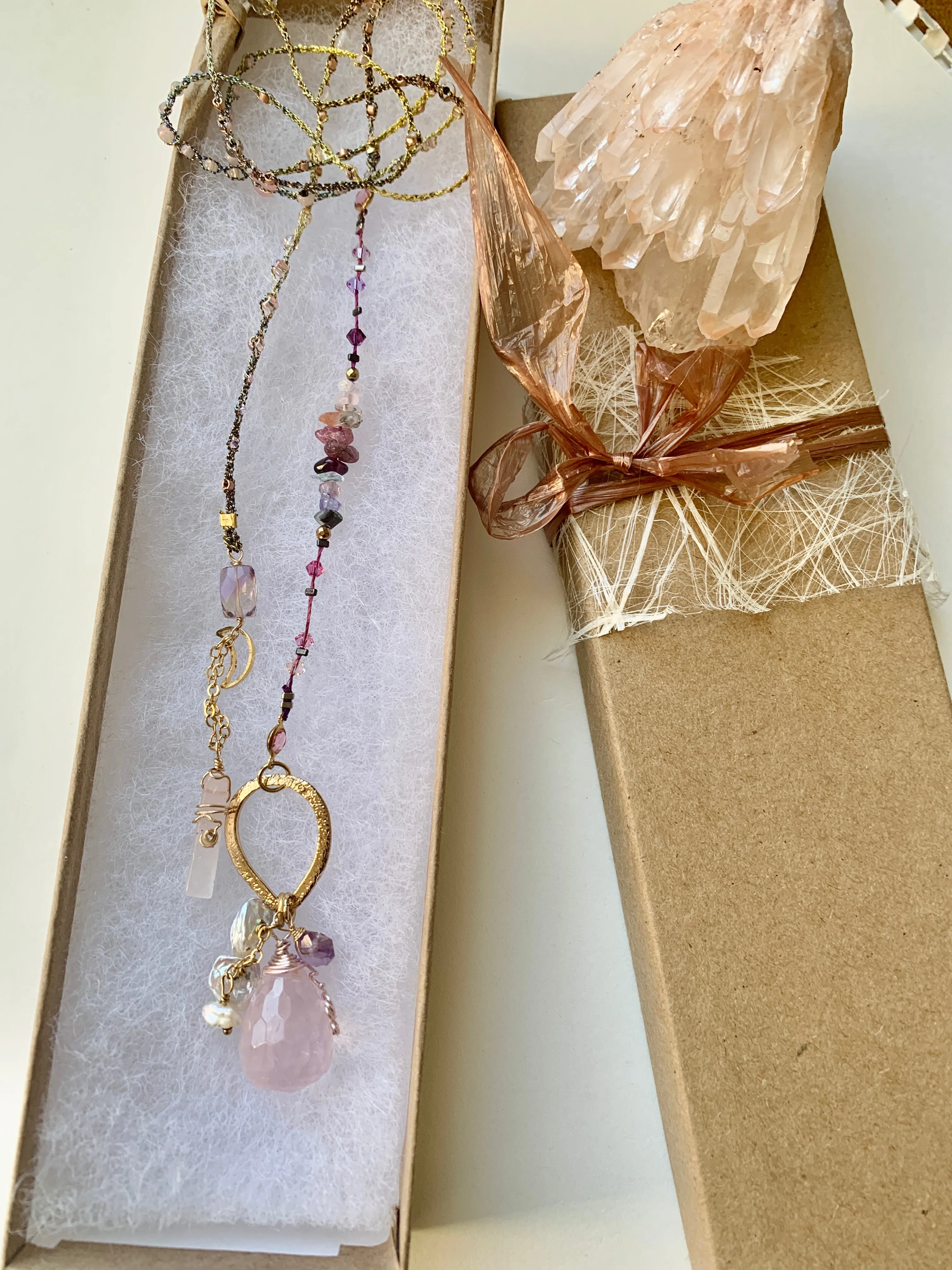 Rose Quartz 7Chakras Gold Lariat