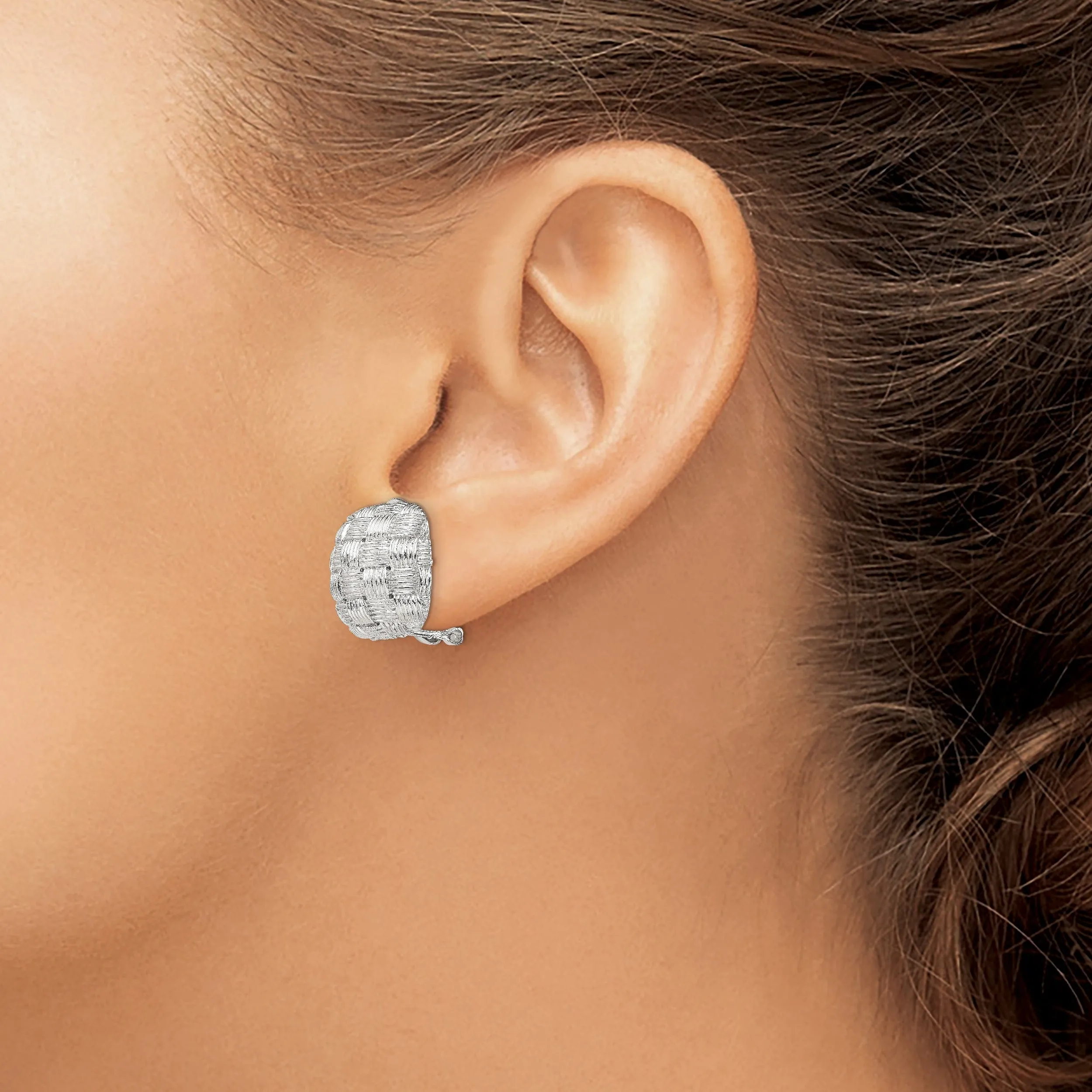 Silver Square Basket Woven Omega Back Earrings