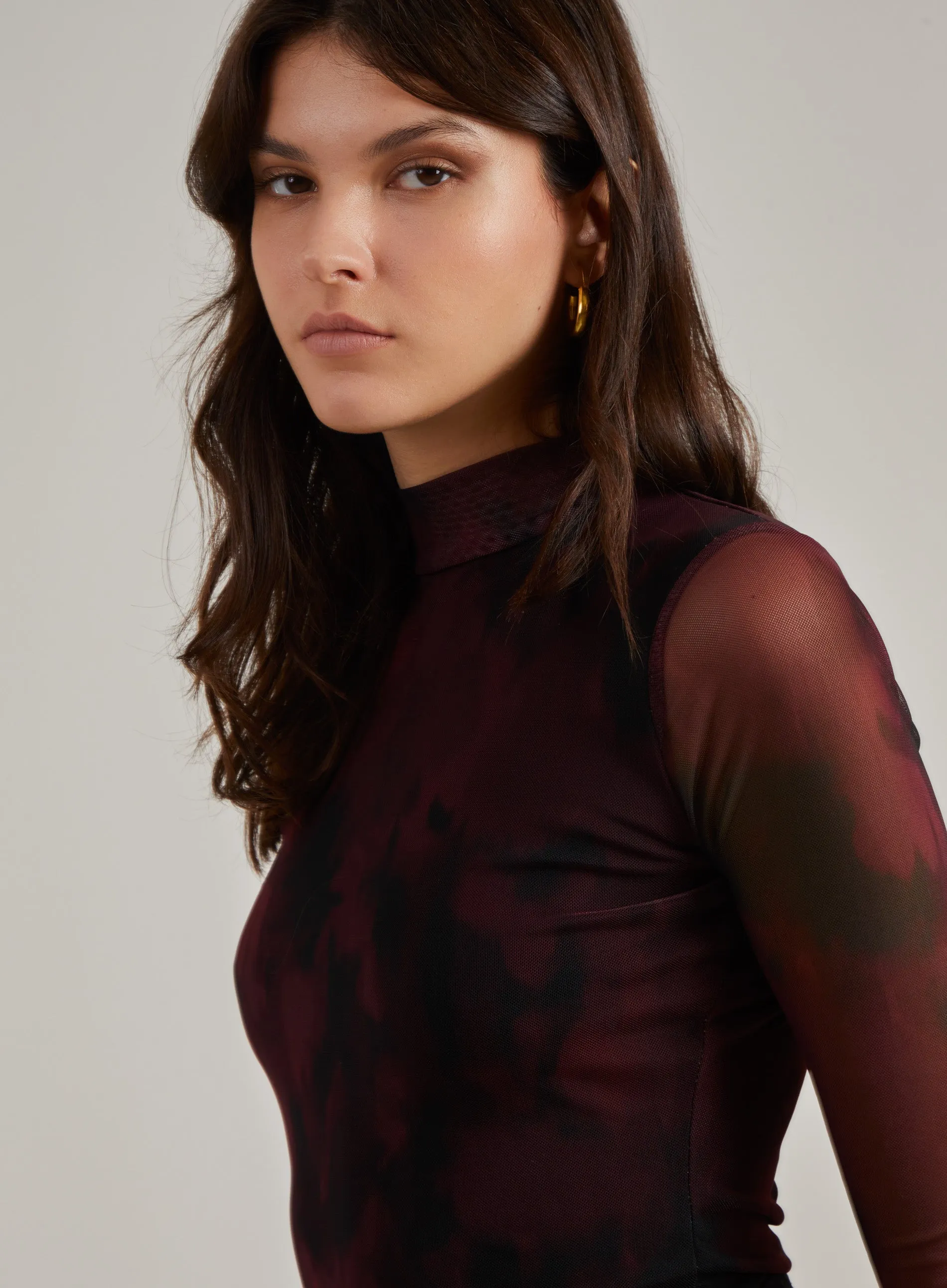 Smudge Print Long Sleeve Mesh Bodysuit