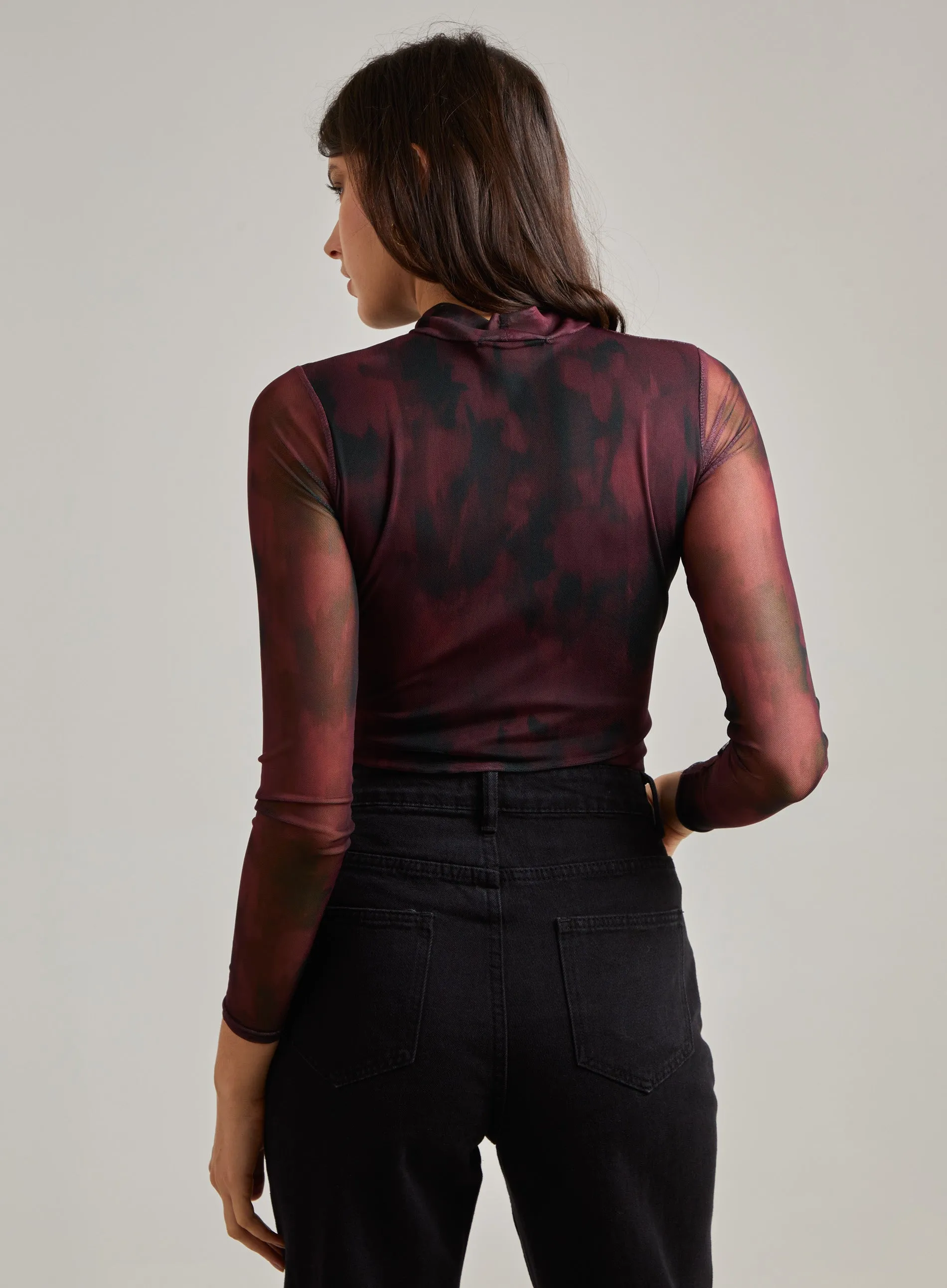 Smudge Print Long Sleeve Mesh Bodysuit
