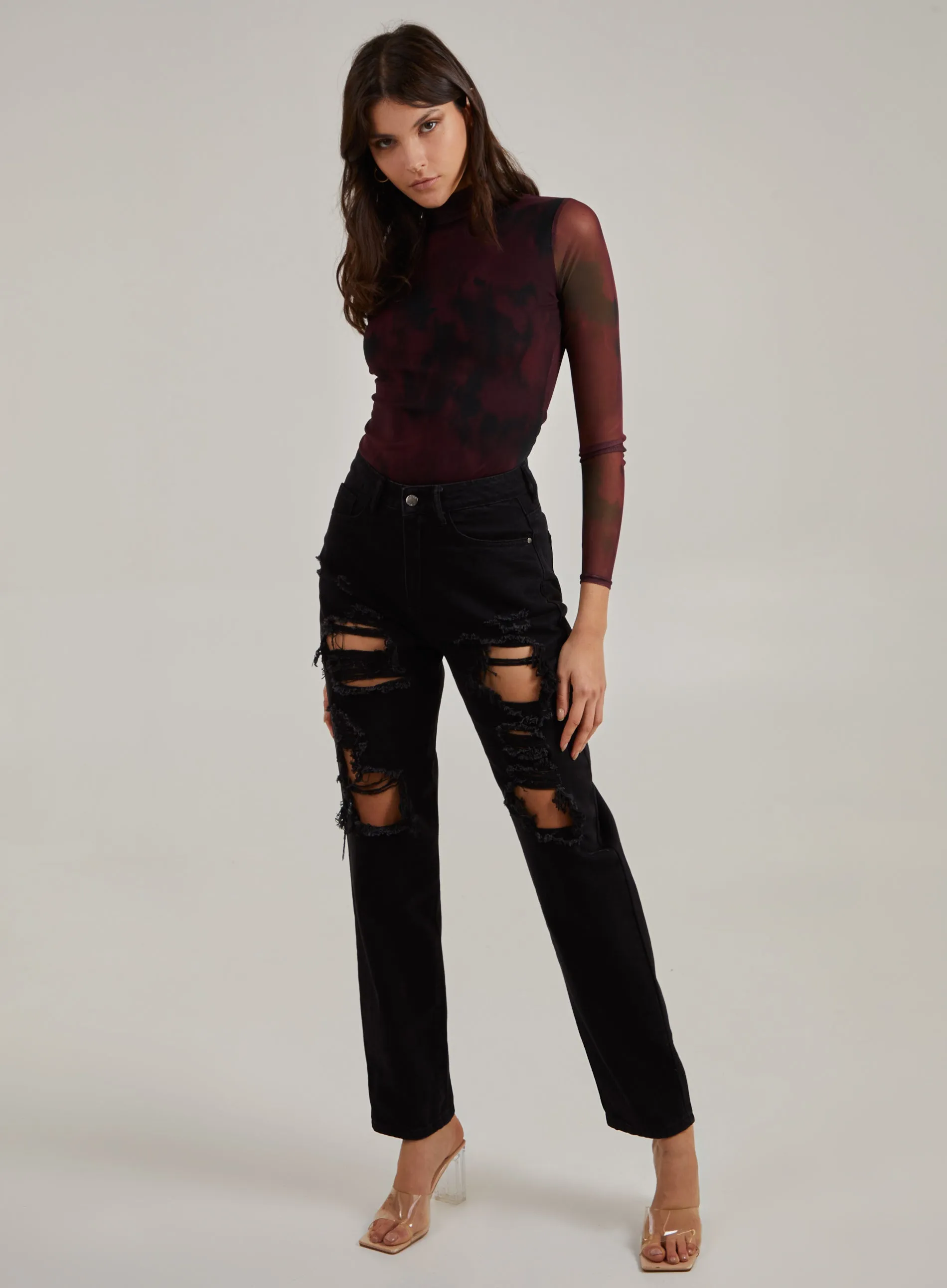 Smudge Print Long Sleeve Mesh Bodysuit