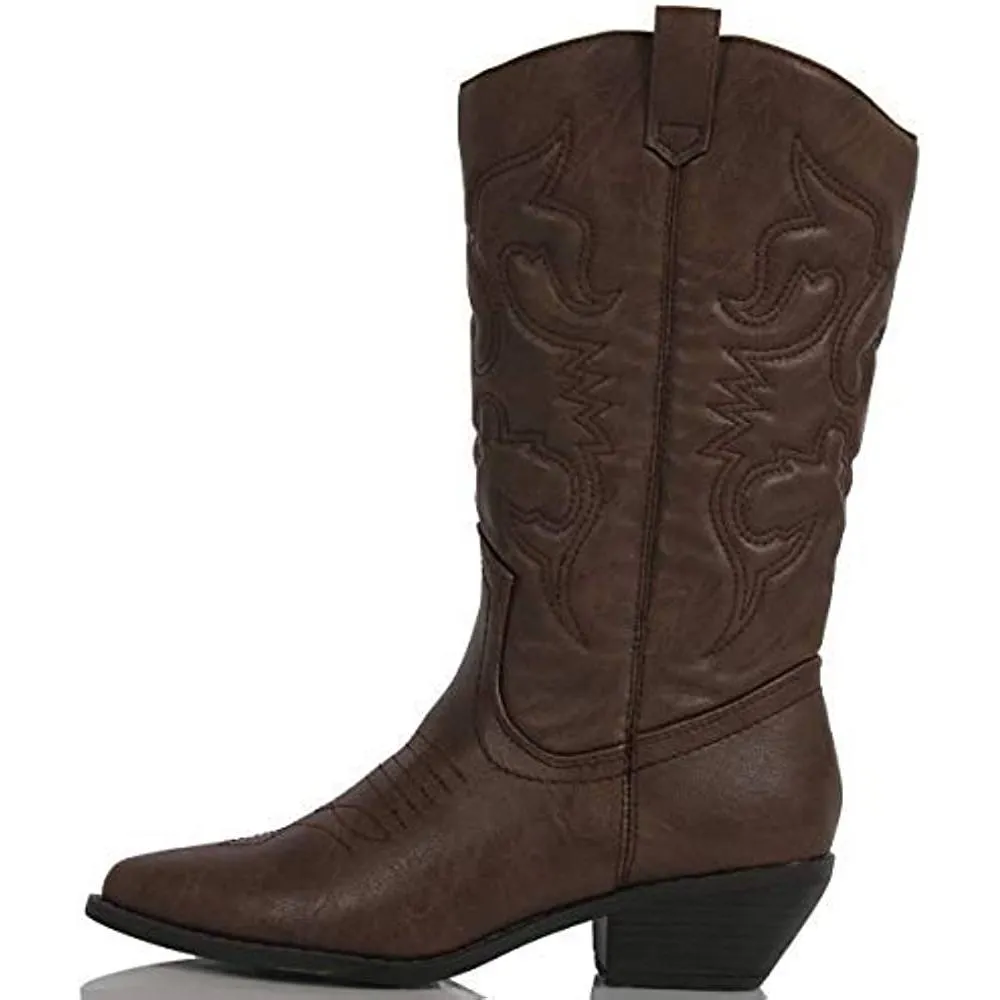 Soda Reno Women Western Cowboy Pointed Toe Knee High Pull On Tabs Boots | Multiple Colors and Sizes