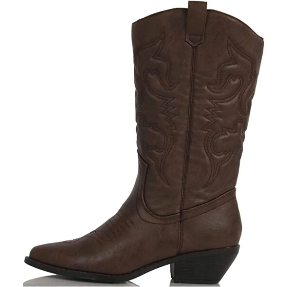 Soda Reno Women Western Cowboy Pointed Toe Knee High Pull On Tabs Boots | Multiple Colors and Sizes