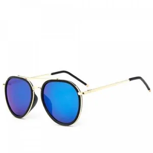 Stylish Classic Style Golden Match Black Double Rim Pilot Sunglasses - Blue