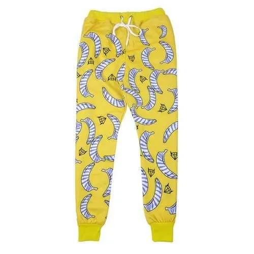 Stylish Elastic Waist Banana Printed Jogger Pants For Women - Yellow S
