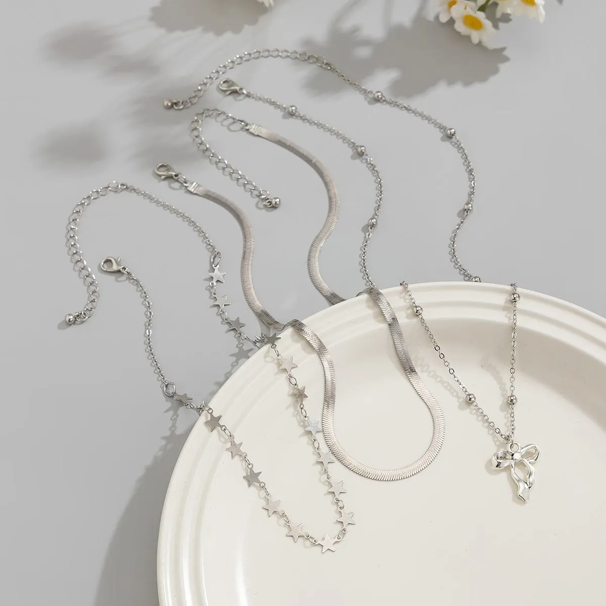 Stylish Layered Bowknot Charm Star Saturn Chain Necklace Set