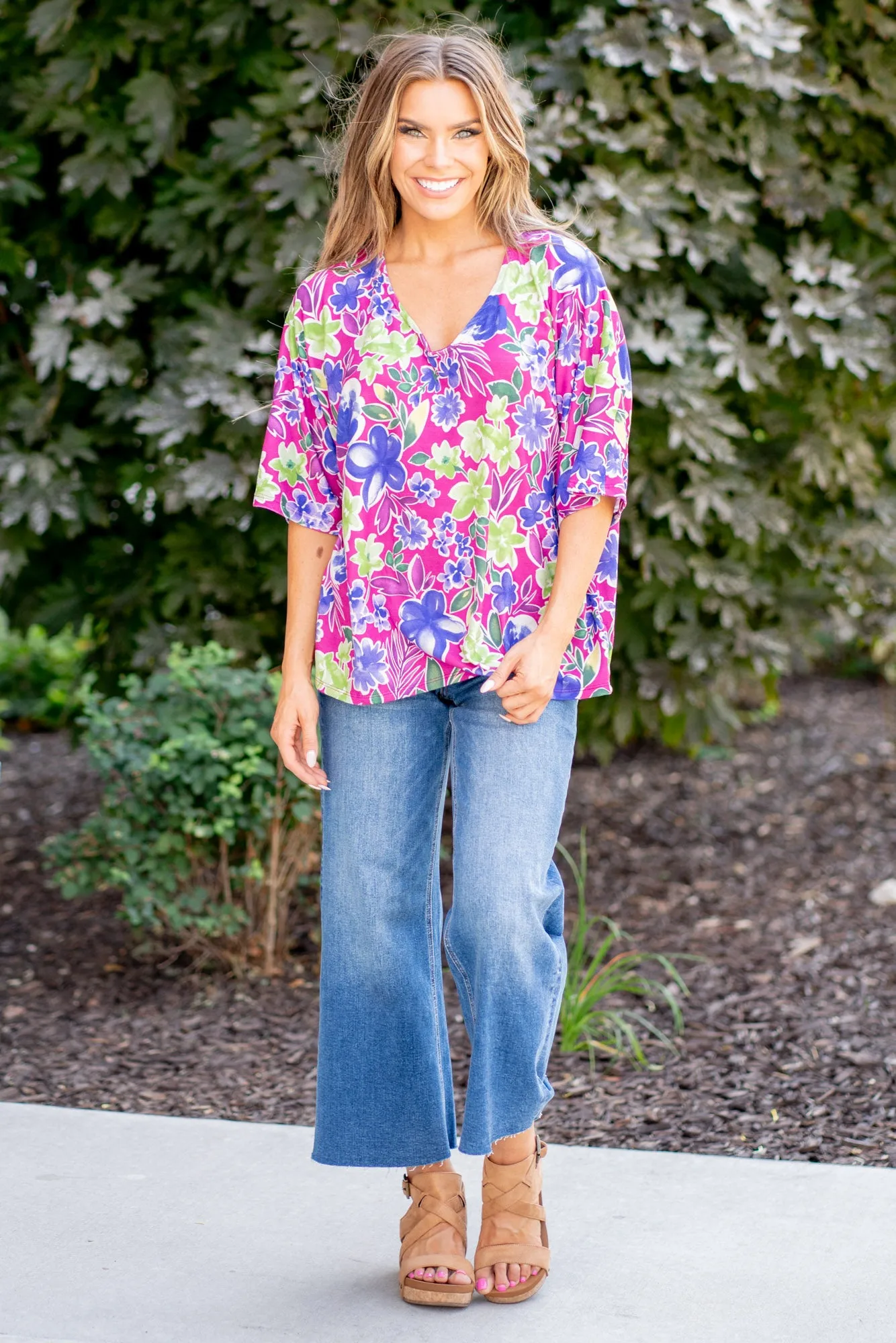 V-Neck Floral Half Sleeve Top Regular & Plus Sizes