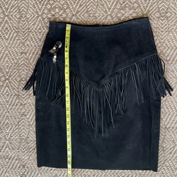 Vintage Suede Black Leather‎ Short Skirt w/ Fringe Rodeo Biker Cowgirl Boho M