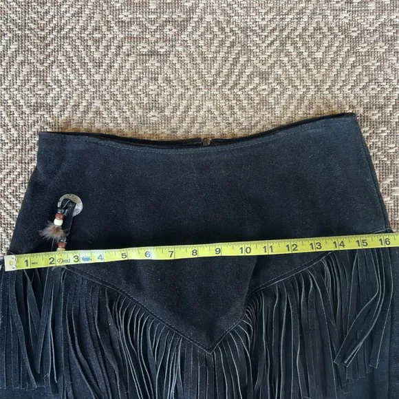 Vintage Suede Black Leather‎ Short Skirt w/ Fringe Rodeo Biker Cowgirl Boho M