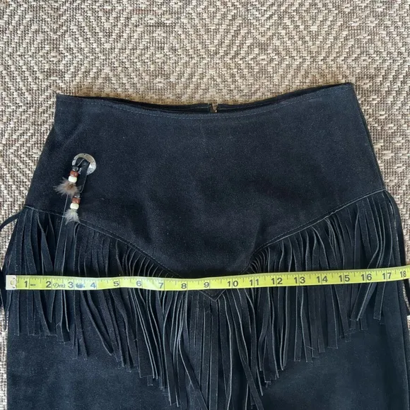 Vintage Suede Black Leather‎ Short Skirt w/ Fringe Rodeo Biker Cowgirl Boho M