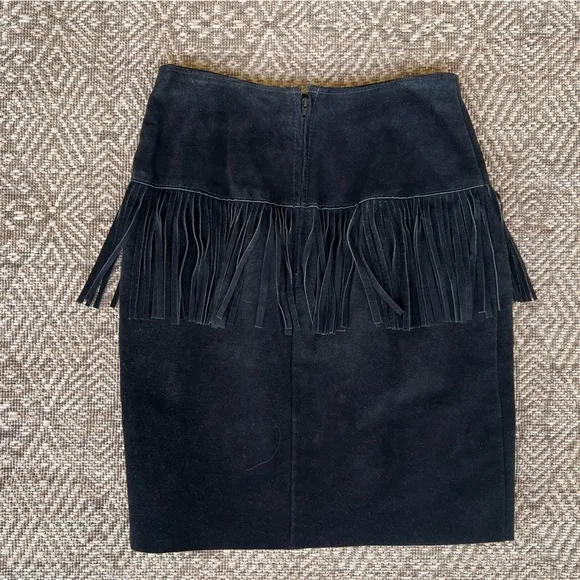 Vintage Suede Black Leather‎ Short Skirt w/ Fringe Rodeo Biker Cowgirl Boho M