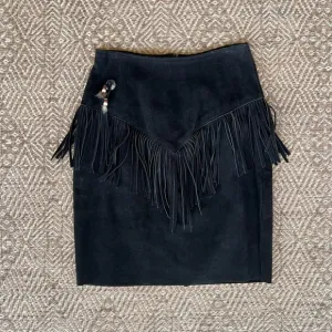 Vintage Suede Black Leather‎ Short Skirt w/ Fringe Rodeo Biker Cowgirl Boho M
