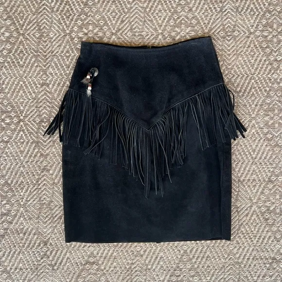 Vintage Suede Black Leather‎ Short Skirt w/ Fringe Rodeo Biker Cowgirl Boho M