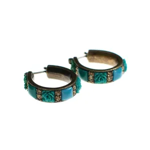 Vintage Turquoise Lucite Flower and Rhinestone Hoop Earrings