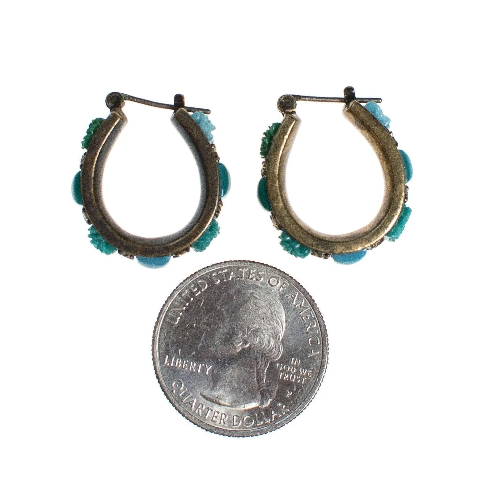 Vintage Turquoise Lucite Flower and Rhinestone Hoop Earrings