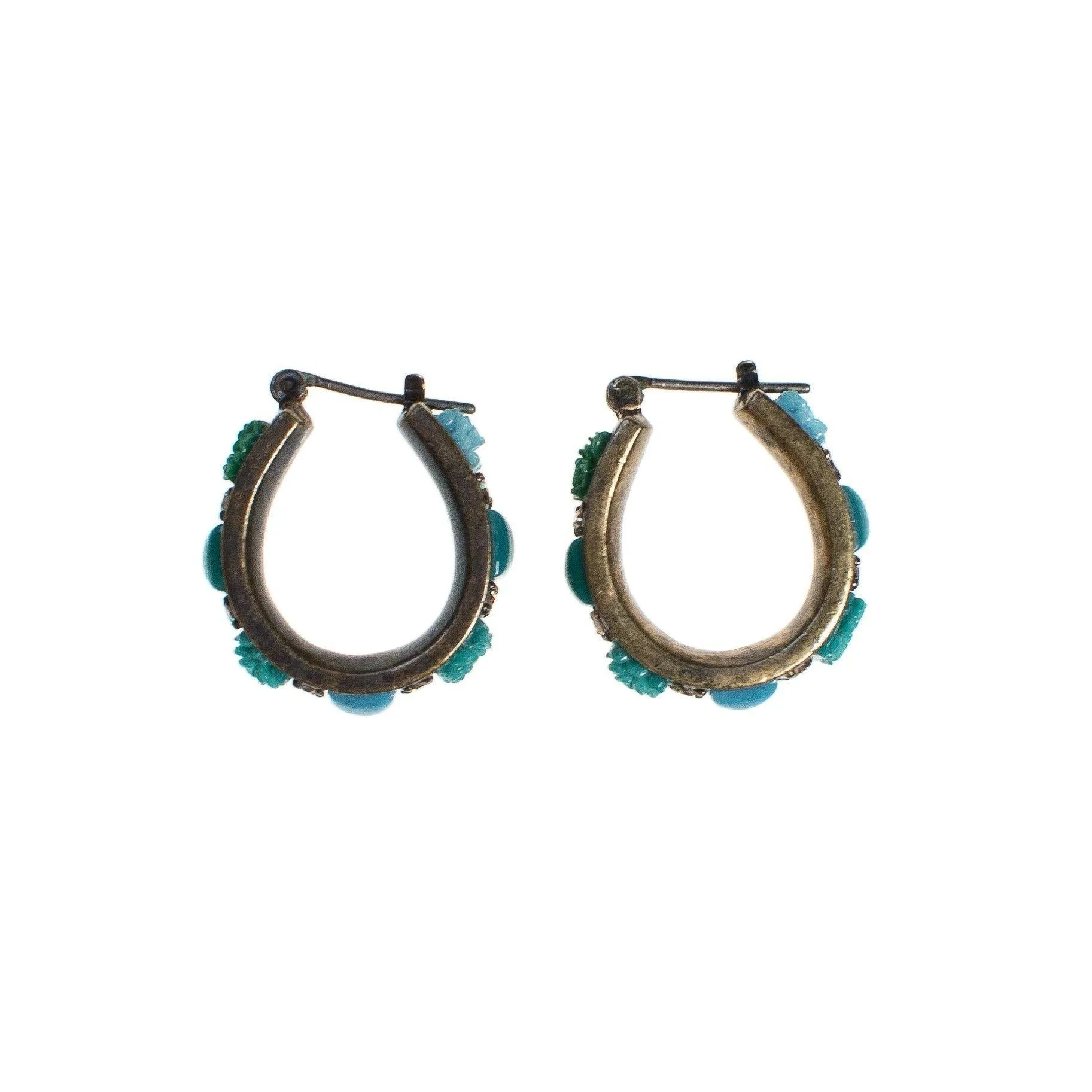Vintage Turquoise Lucite Flower and Rhinestone Hoop Earrings