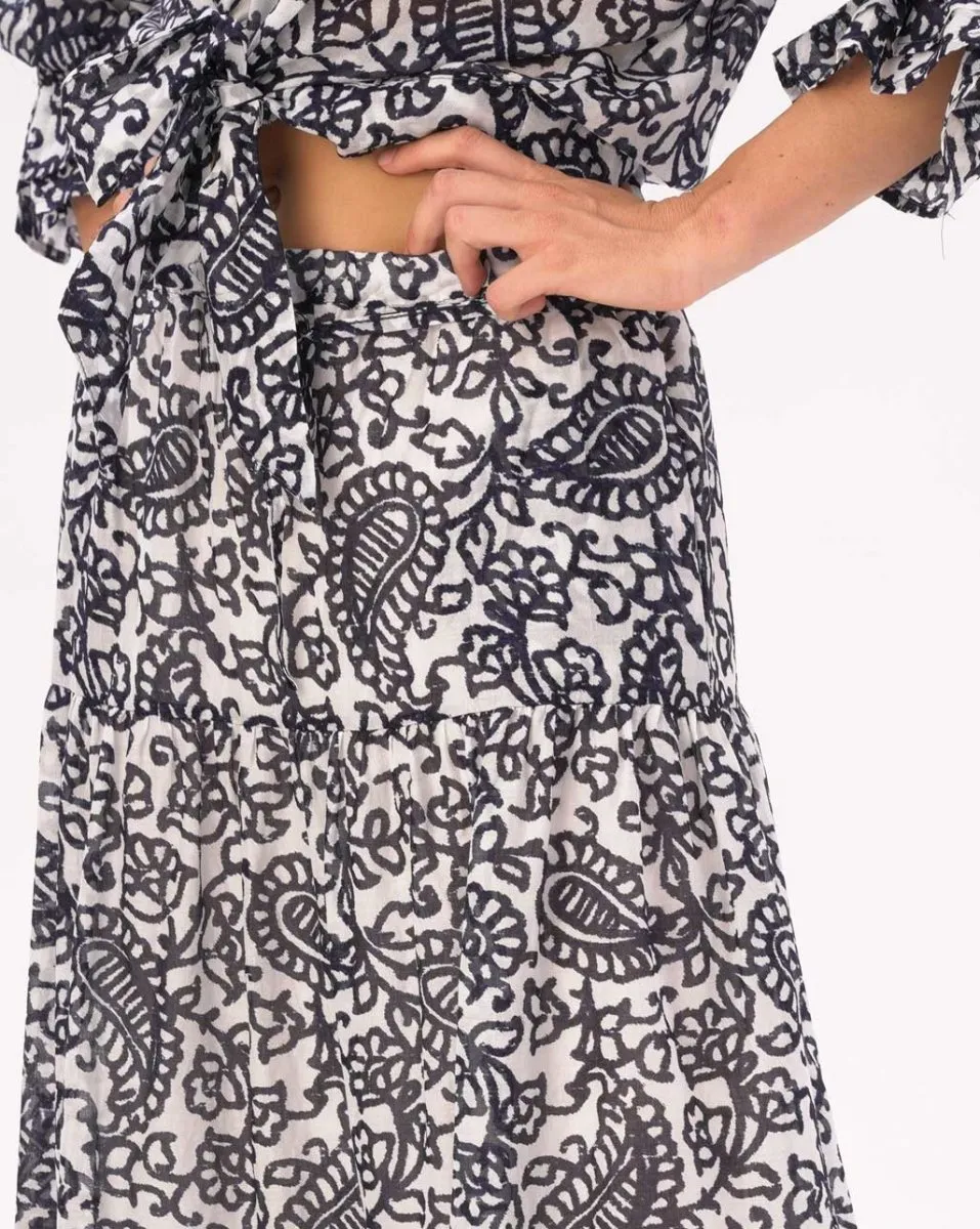 Watercolor Paisely Floral Pleated Tiered Cotton Skirt