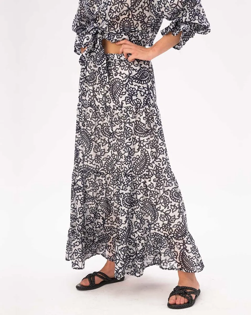 Watercolor Paisely Floral Pleated Tiered Cotton Skirt