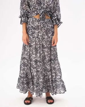 Watercolor Paisely Floral Pleated Tiered Cotton Skirt
