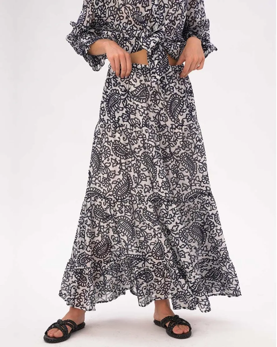 Watercolor Paisely Floral Pleated Tiered Cotton Skirt