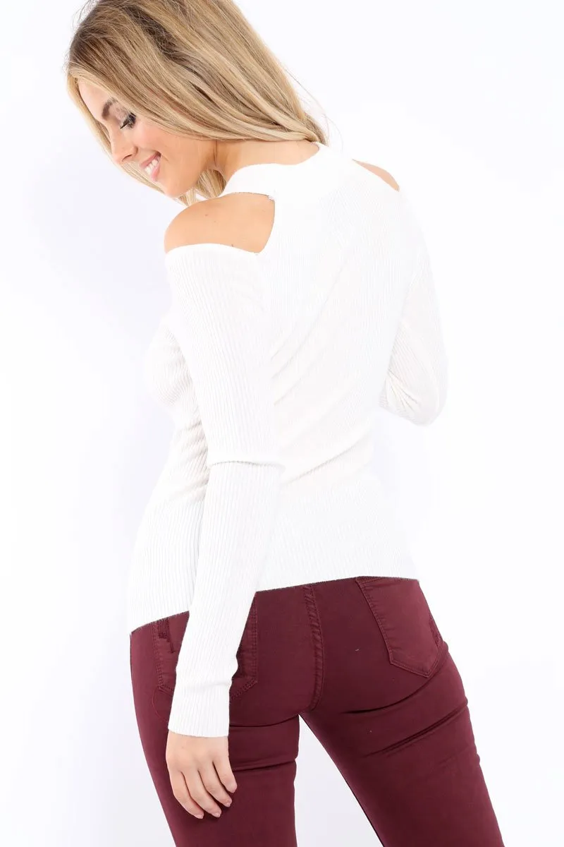 White Ribbed Cold Shoulder Jumper - Briella