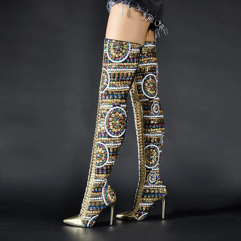Winter Shoes Women SHiny Sequined Cloth Over the Knee Thigh High Boots Cross Tied International Show Boots Women