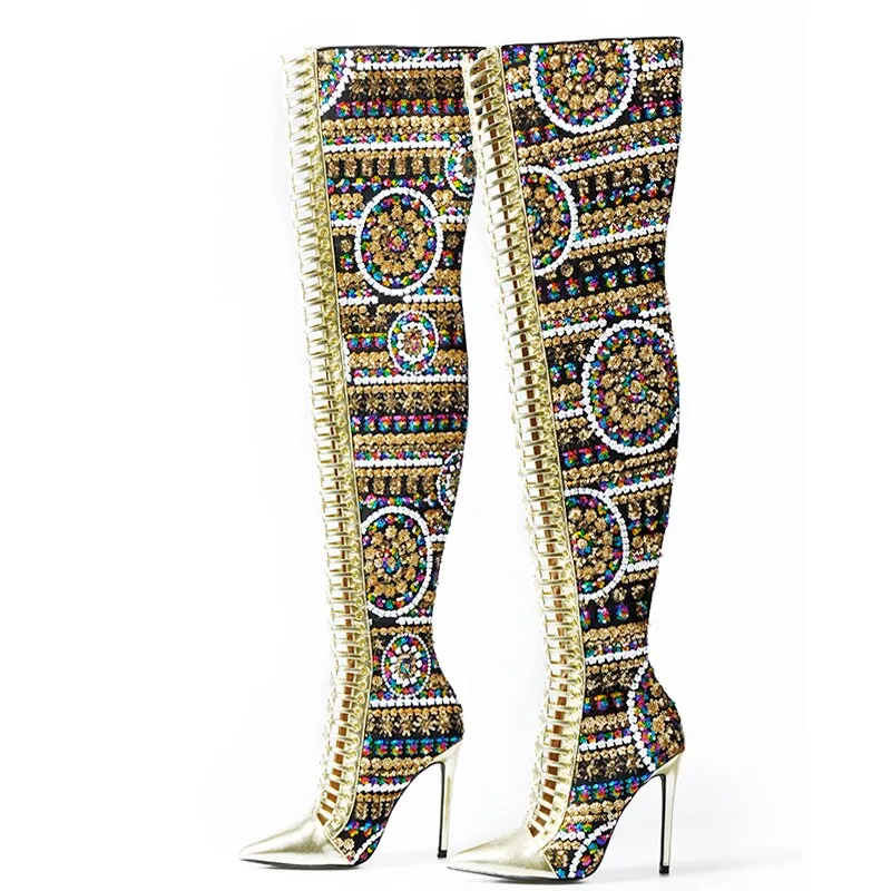 Winter Shoes Women SHiny Sequined Cloth Over the Knee Thigh High Boots Cross Tied International Show Boots Women