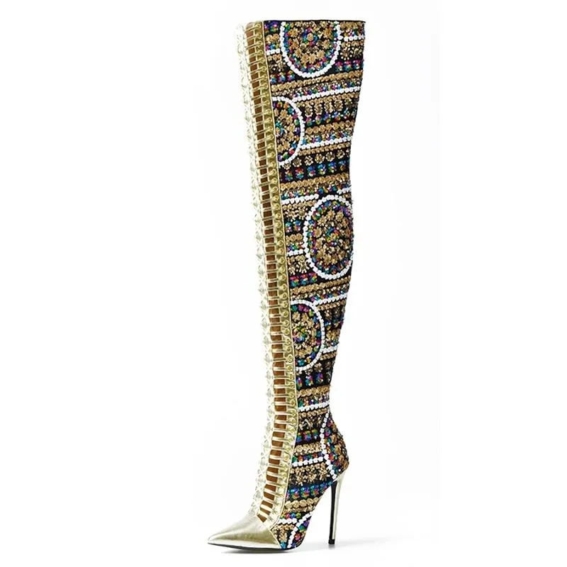 Winter Shoes Women SHiny Sequined Cloth Over the Knee Thigh High Boots Cross Tied International Show Boots Women