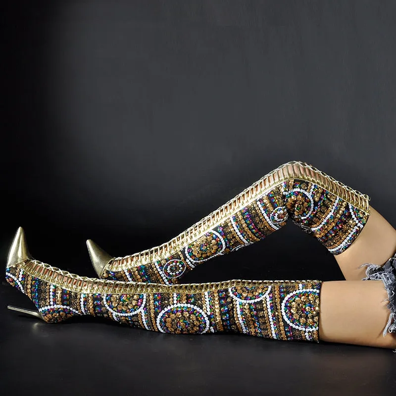 Winter Shoes Women SHiny Sequined Cloth Over the Knee Thigh High Boots Cross Tied International Show Boots Women