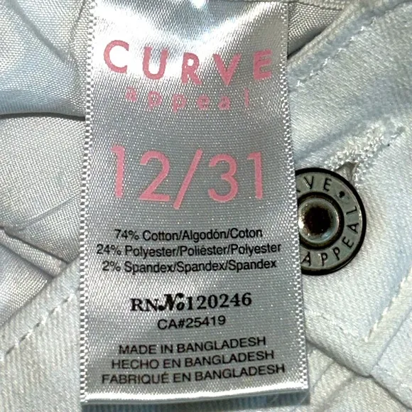 Women's Curve Appeal White Denim Jeans Size 12/31