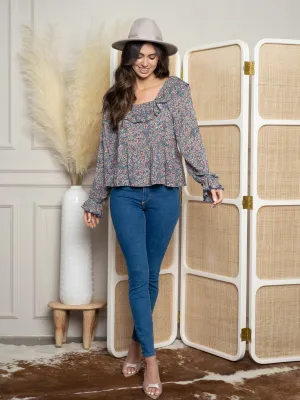 WOMEN'S LONG SLEEVE FLORAL WOVEN TOP