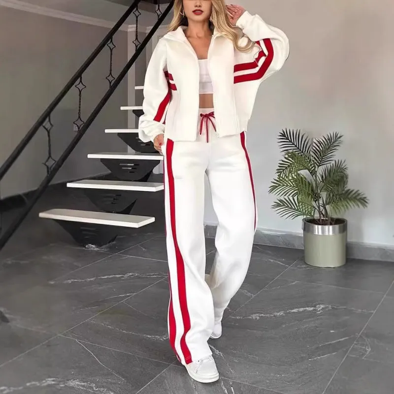 Women's Striped Zipper Jacket & Casual Pants 2-Piece Set