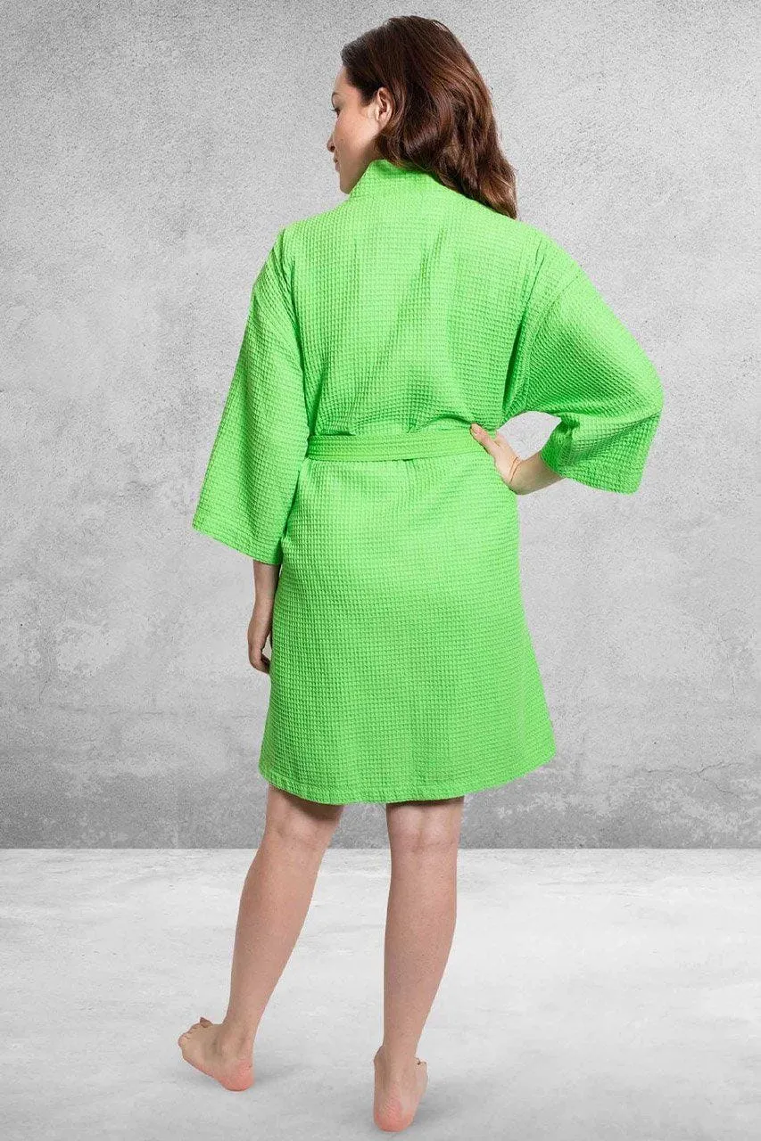 Women's Waffle Kimono Short Bathrobe-Cotton Turkish & Absorbency, Poly Blend (Green)