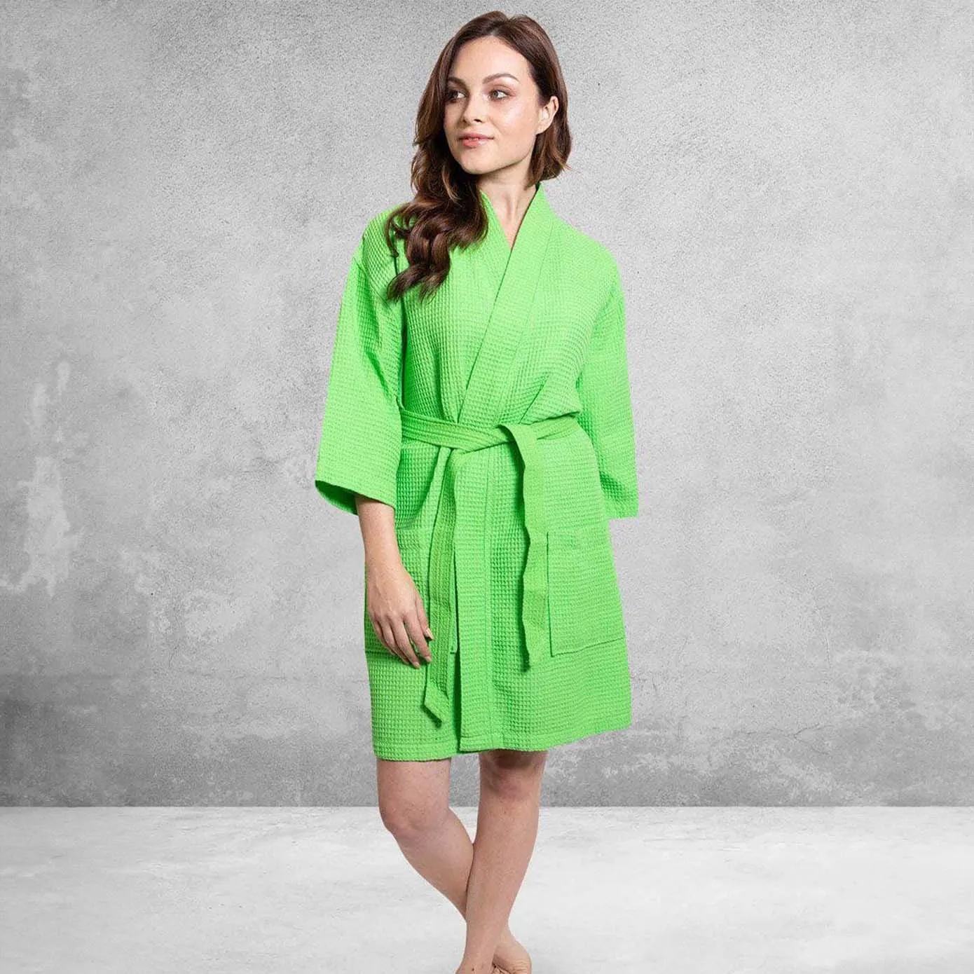 Women's Waffle Kimono Short Bathrobe-Cotton Turkish & Absorbency, Poly Blend (Green)