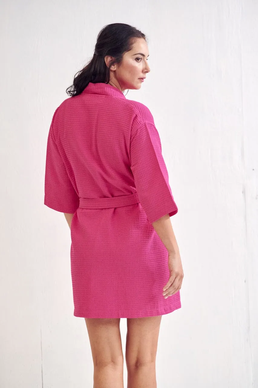 Women's Waffle Kimono Short Bathrobe- Luxurious Cotton Turkish, Absorbency & Lightweight (Fuchsia)
