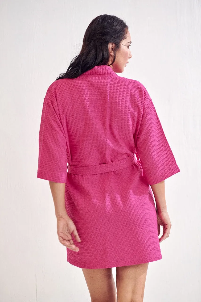 Women's Waffle Kimono Short Bathrobe- Luxurious Cotton Turkish, Absorbency & Lightweight (Fuchsia)